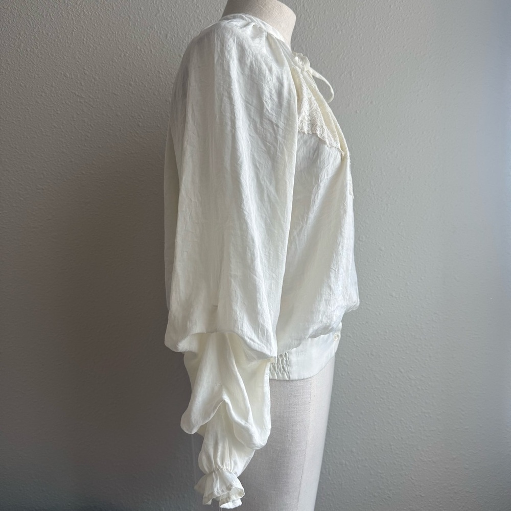 Gathered Long Sleeve Tie Neck Lace Trim Blouse - Picture 5 of 10